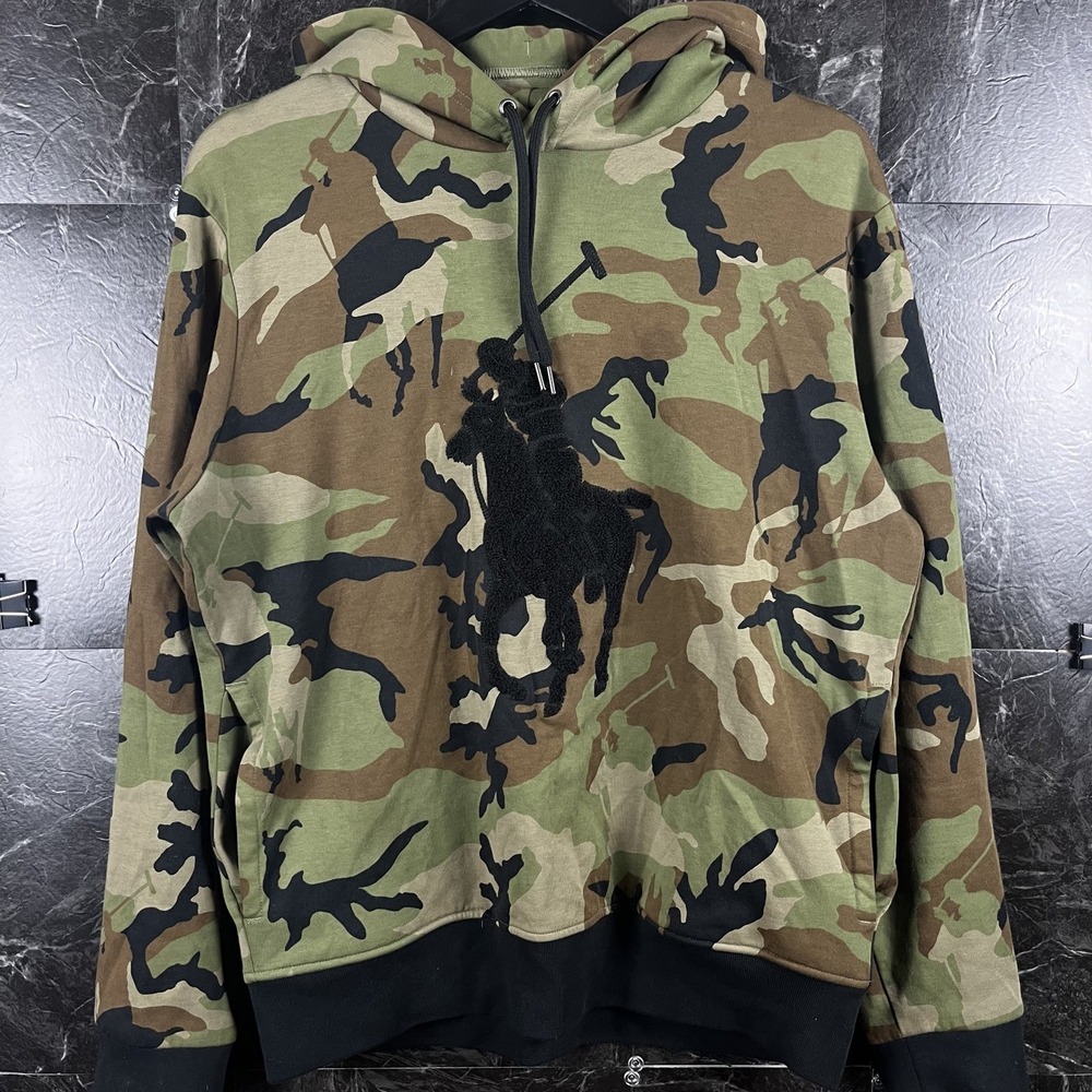 Polo Ralph Lauren Men's Green Camo Big Pony Hoodie Fits Small -Flaws